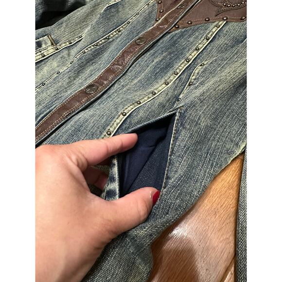 Reba Studded Denim Jacket Genuine Leather Trim Western Style Size Small NWT - Picture 3 of 13